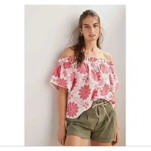 Anthropologie Maeve Pink White Embroidered Off-The-Shoulder Blouse Top Size S‎